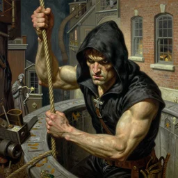 2 dnd thiefs climb down by rope into sewer waterworks, detailed face, gorgeous, amazing, new england architecture, 1 9 2 0 style, intricate, highly detailed, musculine, lovecraft illustration, painting by gaston bussiere, craig mullins