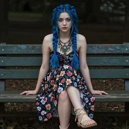 dslr photo of a pretty young woman with few braided strands, blue hair, sitting on a bench wearing a flower skirt, and body and wearing hemp sandals and a very detailed faerie necklace around neck, artgerm, artstation, very high quality face, extremely high quality, moody lighting, real camera, real photo, photography by deviantart, 8 k, full subject in shot