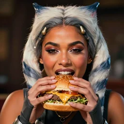 photo of Ahsoka Tano enjoying a cheeseburger, close up portrait, studio lighting,