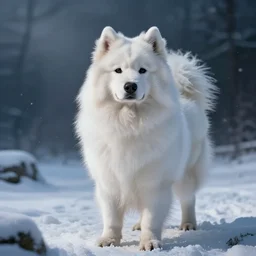 A portrait of a samoyed dog in the snow, an epic fantasy, dramatic lighting, cinematic, establishing shot, extremely high detail, photorealistic, cinematic lighting, artstation, by simon stalenhag