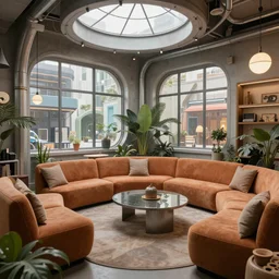 interior of a solarpunk lounge, photo