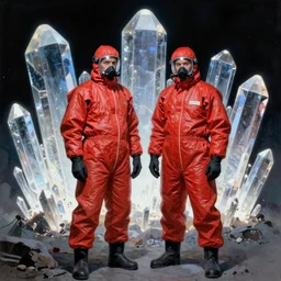 two scientists wearing red hazmat suits standing in front of glowing crystals by frank frazetta