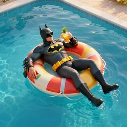 full body photo of batman, he is lying over a colorful life preserver and relaxing while he is floating over a giant pool, he is drinking an exotic pineaple drink and wearing sunglasses, aerial view, stock photo, golden hour, high detail, unreal engine 5, trending on artstation