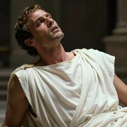 1 9 6 0 s movie still close - up of caligula in a white toga bleeding to death on stairs, cinestill 8 0 0 t 3 5 mm, high quality, heavy grain, high detail, dramatic light, anamorphic