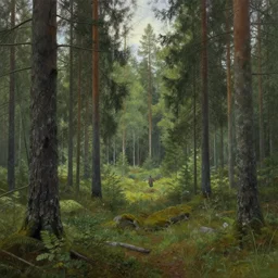beautiful swedish forest view, cinematic composition, highly detailed, intricate, soft lighting, very wide shot, trending on artstation, 50mm, digital painting by Simon Stålenhag