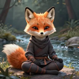 a portrait of an anthropomorphic ninja fox meditating, sitting by a river, cute and adorable, dnd character art portrait, well rendered matte fantasy painting, deviantart artstation, by jason felix by steve argyle by tyler jacobson by peter mohrbacher, cinematic lighting