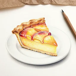 Colored pencil art on paper, Peach pie slice on a plate, highly detailed, artstation, MasterPiece, Award-Winning, Caran d'Ache Luminance