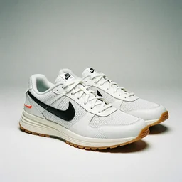 a studio photoshoot of Nike Off-white running sneakers designed by Virgil Abloh, leather with knitted mesh material, gum rubber outsole, realistic, color film photography by Tlyer Mitchell, 35 mm, graflex