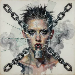 chained and locked depravity, mixed media collage, assemblage, photomontage, oil painting, minimalist, contemporary art, punk art, photorealistic, portrait, expressionism, masterpiece, dynamic composition, spectacular quality, intricate details, shattered glass texture, chains, smoke, water