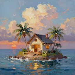 in a big sea is a small island! with a cute cozy cottage!! on it and a patio!! with chairs and string lights, palm trees, sunset, puffy clouds, dramatic and dynamic lighting, thick brush strokes oil impasto painting