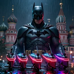 cyberpunk batman, rule of thirds, russia, moscow, rain, lights, close - up, high quality, ultrarealistic, sculls, neon glow, 3 d, 8 k, ultra high detailed, by giger, trending on artstation, spotlight, by greg rutkowski, by da vinci, by van gogh, by jeremy mann, digital painting
