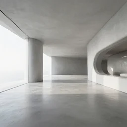 a futuristic interior. modern minimalist design. lots of natural light. polished concrete floors. a tree growing in a living room as a centerpiece. a water feature surrounds the tree.