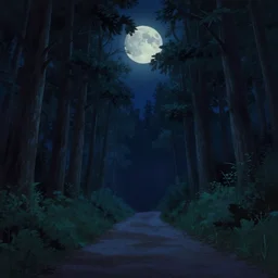 night, road between tall trees, dense forest, dark night, moon, in style of disney cartoon