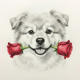 a pencil drawing of a cute dog with a red rose in it mouth, 8 k, close - up, front view