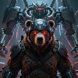 matte painting of a fierce bear in modern helmet, red glowing eyes, huge mechanical creatures on the background, rainy night, neon glow concept art, smooth, sharp focus, illustration, cyberpunk 2077, neuromancer, scifi, photorealistic, octane render, 8k