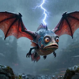 fish with gollum face flying, rainy, lighting, dragon wings