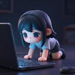anime girl crawls out of computer screen, 3d render, cute, creepy, dark lighting