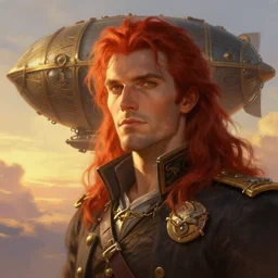 portrait painting of a handsome face rugged long hair crimson hair male captain, top half portrait soft hair steampunk ornate mechanical zeppelin blimp airship in the background sky sunset golden hour fantasy soft hair deviantart book cover art dramatic volumetric lighting art by wlop greg rutkowski gaston bussiere