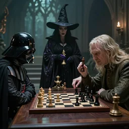 darth vader playing chess with a witch lord voldemort