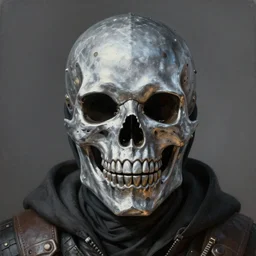 portrait painting of a mercenary with a smiling silver skull mask, sharp focus, award - winning, trending on artstation, masterpiece, highly detailed, intricate. art by josan gonzales and moebius and deathburger