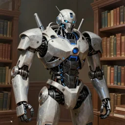 a hyper real comic book style portait painting of a mechanical robot in a library surounded by books, unreal 5, hyperrealistic, octane render, cosplay, RPG portrait, dynamic lighting