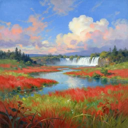 a fantasy meadow with lake, river, and waterfall in the distance, patches of red grass, blue sky with colorful clouds, by stephan martiniere and andreas rocha