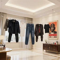 photograph of emo clothes drying in a luxury apartment, art supplies, propaganda poster, a large zen stone sculpture, ikebana, black walls, bromeliad, empty vegan pizza box