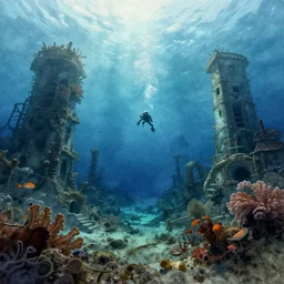 incredible underwater exploration, watercolor, harsh bloom lighting, rim light, abandoned city, paper texture, movie scene, distant shot of swimmers in deserted dusty shinjuku junk town, old pawn shop, bright sun bleached ground, phantom crash, robot monster lurks in the background