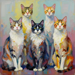 highly detailed contemporary acrylic painting of really tall sitting cats by justin gerard, thick brush strokes and visible paint layers, vivid multicolor scheme