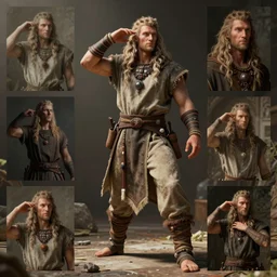 soft contrast, dynamic pose ,natural light, dissolution filter ,turbulence filter, costume design made by nordic tribes, sophisticated composition, old masters light composition, artist reference images pose, procedurally generated, epic human character posing for concept art, beautiful creative space behind, substance designer, PBR, HD, Ultra detailed, hyperrealistic, megascans, volumetric light, concept by master artist, made in paint tool SAI2, trending pixiv face