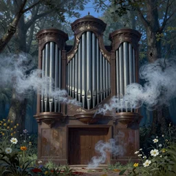 pipe organ in dead space, with haunted pipes, violent smoke, 1 8 5 0 s, delicate embellishments, a little blood, woodland, blue dawn light shining on wildflowers, painterly, offset printing technique, by walter popp, alexandre cabanel