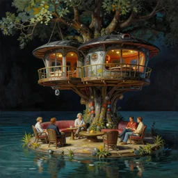 a scene of futuristic treehouse lounge by water. highly detailed science fiction painting by norman rockwell, frank frazetta, and syd mead. rich colors, high contrast, gloomy atmosphere, dark background. trending on artstation