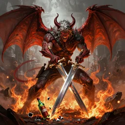 the witcher fighting a demon, broken sword!!!, demon with wings, broken bottle of mutagen on the ground, fire detail, symmetrical, sharp details, highly detailed sword, digital painting, trending artstation, concept art, epic fantasy, cinematic lighting, vibrant colors, photorealism, epic, octane render.