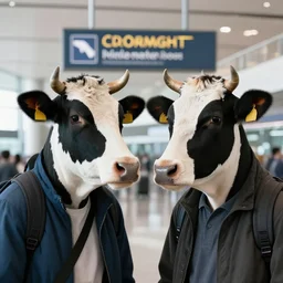 two friends with dairy cow head face standing at the airport boarding gate trending flickr technoir detailed portrait
