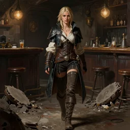 full body character portrait of a female lavellan with a realistically proportioned face from dragon age walking through a destroyed dive bar wearing inquisitor clothes, dragon age concept art, dragon age, illustration, digital painting, realistic lighting, photorealistic eyes, good value control, enhance face, realistic shading, john singer sargent