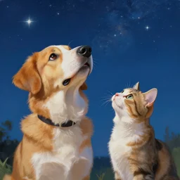 A painting of a dog and a cat staring up at the night sky, artstation, cgsociety, 8k