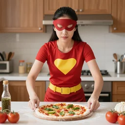 Asian superhero lady is baking pizza, hd photo