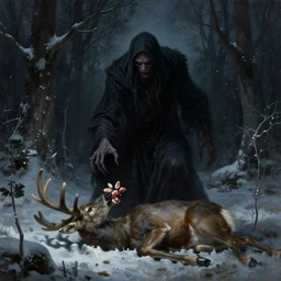 cloaked humanoid wendigo feasting on a dear, nighttime located in a snowy dark forest, lurking horror, distant shot, dungeons and dragons, magic the gathering, forboding, high detail, oil painting, style of seb mckinnon