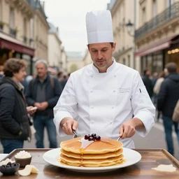 Portrait of dutch chefs impressing impressing french people with pancakes in a street in Paris, by Steve McCurry and David Lazar, natural light, detailed face, CANON Eos C300, ƒ1.8, 35mm, 8K, medium-format print