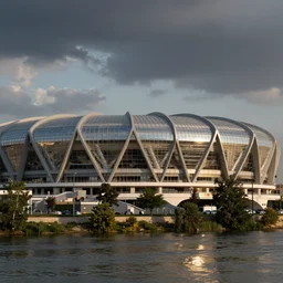 Mosul 70k stadium, glass detailed, near to river, by Norman Foster,