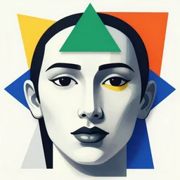 A human face in 5 colorful triangles in the style of Bauhaus