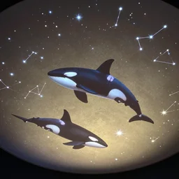 flying orcas out of dust projected above ceiling on to the stars constellations, view below from a museum, light dust, magnificent, close up, sharp focus, elegant, highly detailed, illustration, by jordan grimmer greg rutkowski wlop maya takamura, intricate, trending artstation, pixiv, digital art
