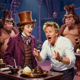 A mixed media painting of gordon ramsay yelling at willy-wonka during a tour of the chocolate factory on kitchen nightmares, by Frank Frazetta, Greg Rutkowski, Beeple, post-processing, low angle, masterpiece, cinematic, isometric, volumetric lighting, oompa loompas in background