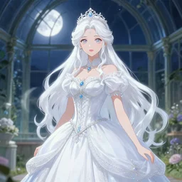 emelia clarke, white hair, elegant, anime, fantasy, divine, highly detailed, princess, greenhouse, moonlight, artstation, magical, lovely, pure beauty, intricate, 4 k, art by studio bind and kyoto animation and wit studio and hyeyoung kim