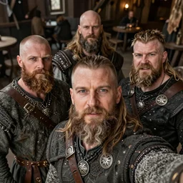 Selfie shot, viking brothers in a crowded tavern, anatomically correct, dof, Arnold Render, intricately detailed, 8k