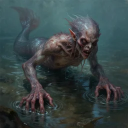 creepy humanoid merfolk monster, slimy, wet, disturbing, long fingers, crawling up from shallow water, realistic, atmospheric, highly detailed, illustration, painting, concept art, scary