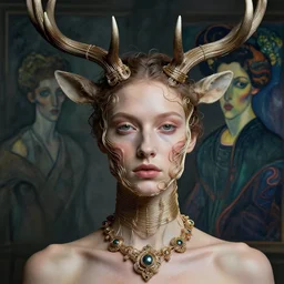 a beautiful futuristic portrait with deer horn made by wires and twisted around her face, necklace made by wires, design by leonardo davinci, inspired by egon schiele, modern art, baroque art jewelry, new classic, hyper realistic, cinematic composition, cinematic lighting, fashion design, concept art, hdri, 4 k -