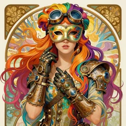 beautiful woman, steampunk, machine gloves, venetian mask, goggles on the head, character concept, long hair, many colors, colorful, all colors, highly saturated colors, Dan Mumford, Peter Mohrbacher, Alfons Mucha, fantasy character, detailed illustration, hd, 4k, digital art, overdetailed art, concept art, trending on artstation
