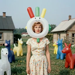1976 glamorous middle aged woman wearing an inflatable toy head, wearing a dress, in a small village full of inflatable animals, 1976 French film archival footage technicolor film expired film 16mm Fellini new wave John Waters Russ Meyer movie still