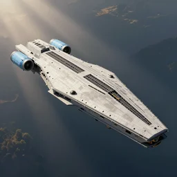 long, blocky, cargo starship with light blue engines